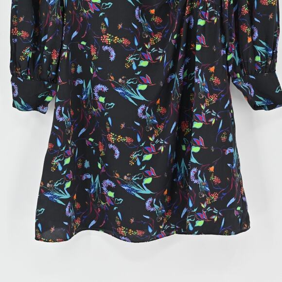 TANYA TAYLOR Dress Size 0 Clarisse Mini Black Floral Silk High Neck‎ Long Sleeve - Picture 4 of 15